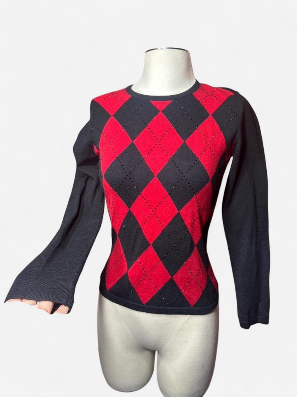 Y2K Grunge Peck & Peck Red and Black Argyle Knit Long-Sleeve Top